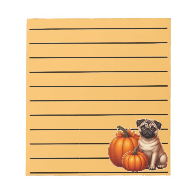 Bloc De Notas Pug Adorable sentado al lado de calabazas y hojas (Frente)