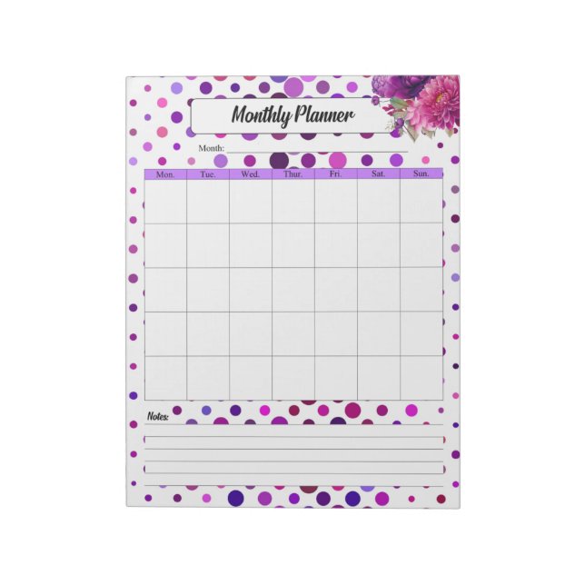 Bloc De Notas Puntos de Polka Morado Floral _ Planner Mensual (Lado Izquierdo)