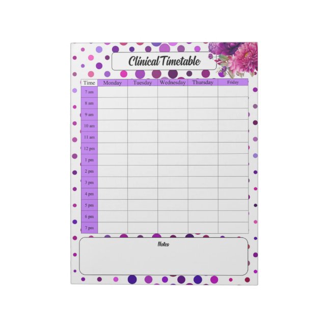 Bloc De Notas Púrpura Pérdida de Polka Floral _ Horario clínico (Lado Izquierdo)
