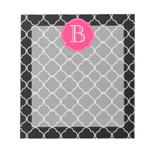 Bloc De Notas Quatrefoil blanco y negro con el monograma
