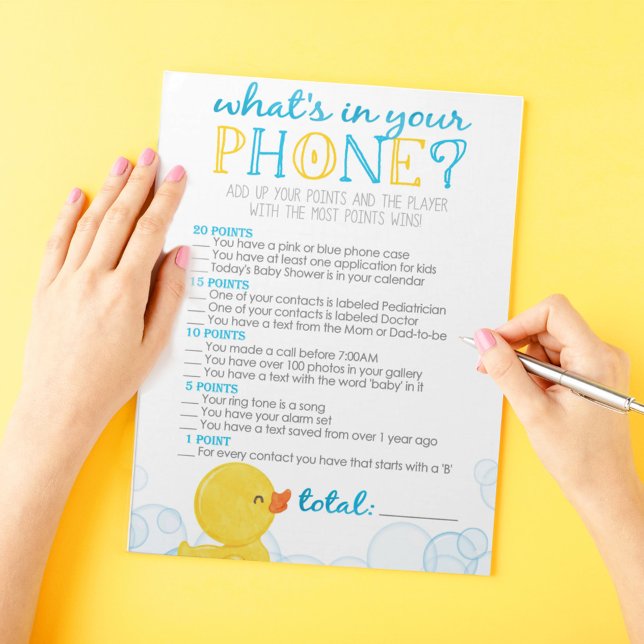 Bloc De Notas ¿Qué hay en tu juego de Baby Shower? (What's In Your Phone Watercolor Rubber Duck Baby Shower Game Pack of 40 Answer Sheets)