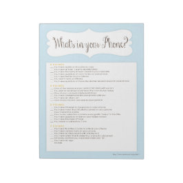 Bloc De Notas Qué hay en tu teléfono Baby Shower Game Notepad Bl