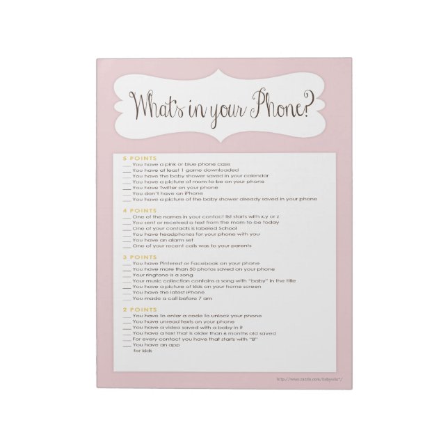 Bloc De Notas Qué hay en tu teléfono Baby Shower Game Notepad Pi (Lado Izquierdo)