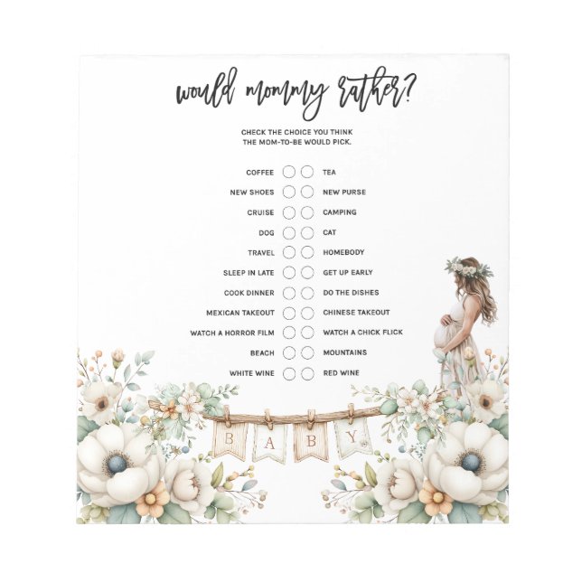Bloc De Notas ¿Qué Preferiría Mamá? Juego de Baby Shower (Frente)