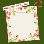 Bloc De Notas Raspberry | Jardín de la naturaleza floral persona<br><div class="desc">Una solitaria mariquita se sienta sobre una flor de frambuesa que rodea un fondo color beige crema con un nombre monogramado en un tipo de letra de bloqueo de color rojo y lavado. Puede agregar un nombre, sus iniciales o nombre comercial, o eliminar la personalización por completo si desea dejar...</div>