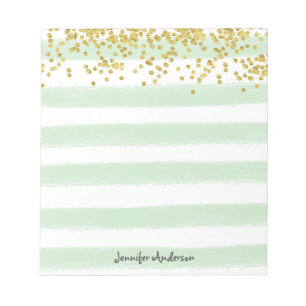 Bloc De Notas Raya Verde Menta Moderno Confeti Dorado Personaliz