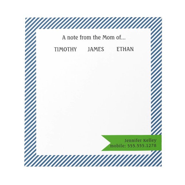 Bloc De Notas Rayas azules, nota de acento verde de la mamá de.. (Frente)