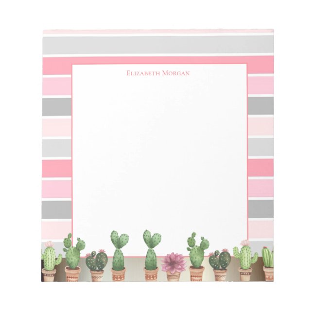 Bloc De Notas Rayas grises rosadas con estilo, Cactus de acuarel (Frente)