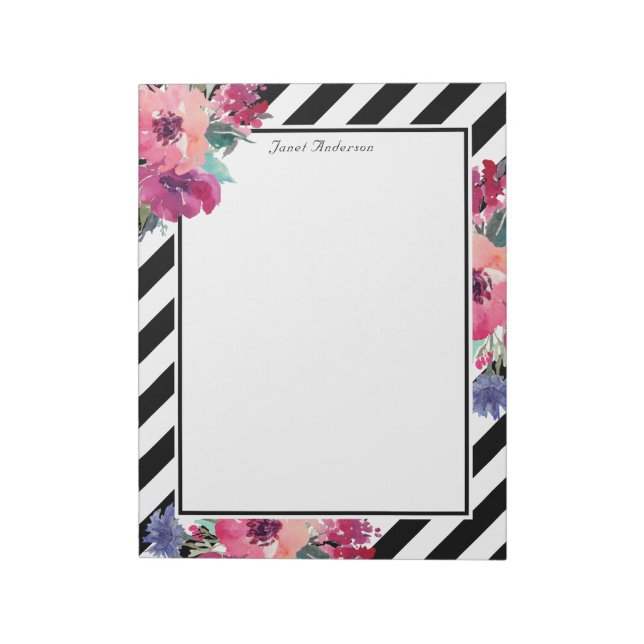 Bloc De Notas Rayas y patrón floral con su nombre (Lado Izquierdo)