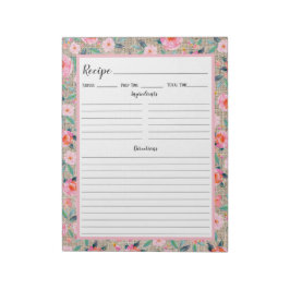 Bloc De Notas Receta de flores rosadas rústicas en arpillera