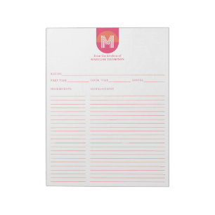 Bloc De Notas Receta de monograma geométrico rosa naranja retro 