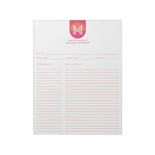 Bloc De Notas Receta de monograma geométrico rosa naranja retro  (Lado Izquierdo)