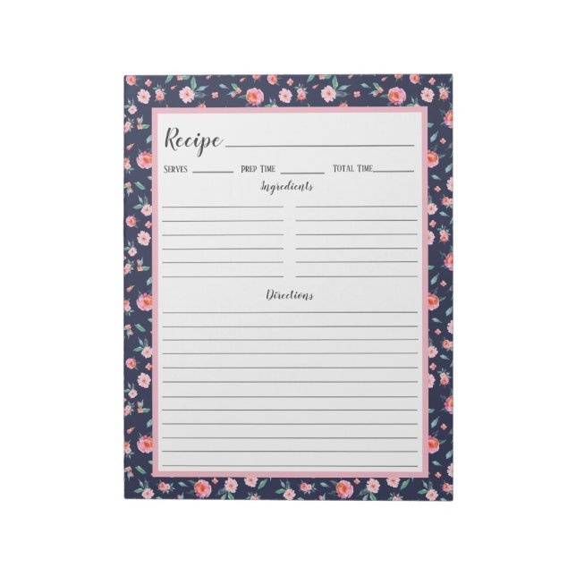 Bloc De Notas Receta del patrón azul de la Marina floral rosa ro (Lado Izquierdo)