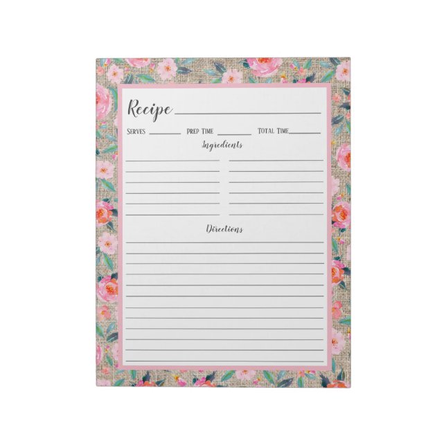 Bloc De Notas Receta Rústica Floral Rústica (Lado Izquierdo)