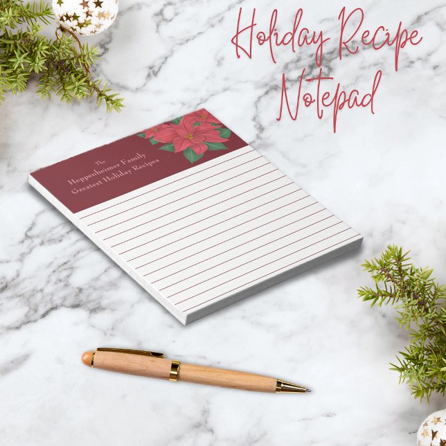 Bloc De Notas Recetas de vacaciones familiares de acuarela Red P (Watercolor Red Poinsettias Family Holiday Recipes Notepad)
