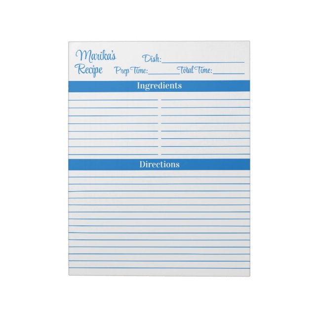 Bloc De Notas Recetas Elegant Script Medium Azul 8.5x11 Retrato (Lado Izquierdo)