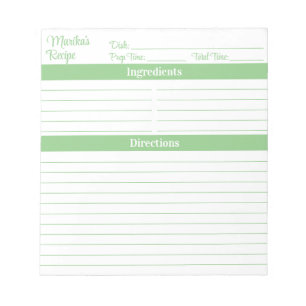 Bloc De Notas Recetas Elegantes en Verde Sage con Letra Script