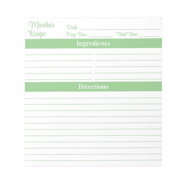 Bloc De Notas Recetas Elegantes en Verde Sage con Letra Script (Frente)