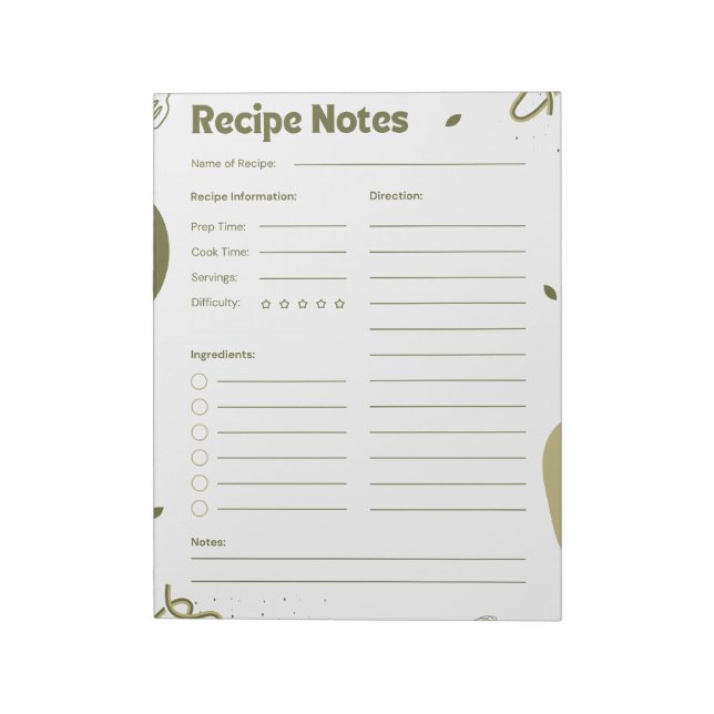 Bloc De Notas Recetas Estéticas Simples Verdes para Cocineros Ca (Lado Izquierdo)