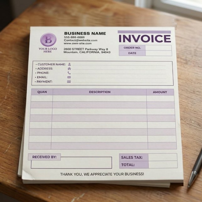 Bloc De Notas Recibo de venta de factura morada moderna | Logoti (custom company logo sales receipt, purple small business invoice form)