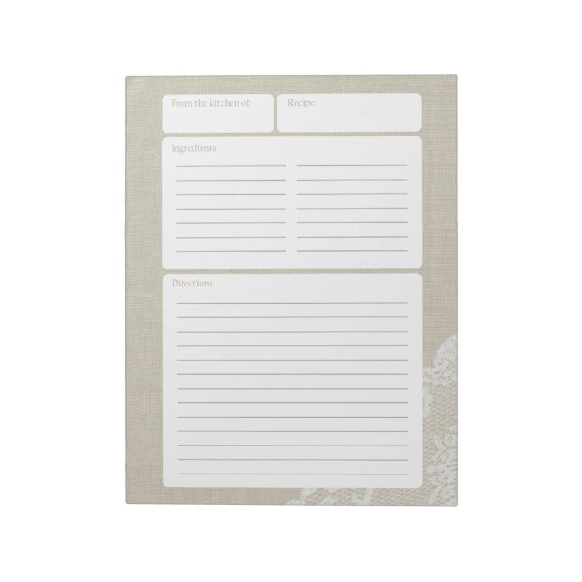 Bloc De Notas Recipe Page Light Burlap y Lace (Lado Izquierdo)