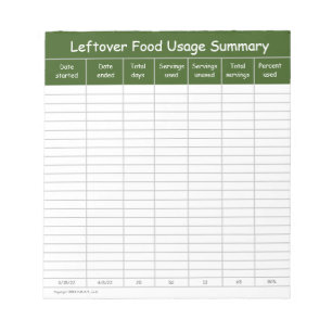 Bloc De Notas Resumen de uso de alimentos para Leftover