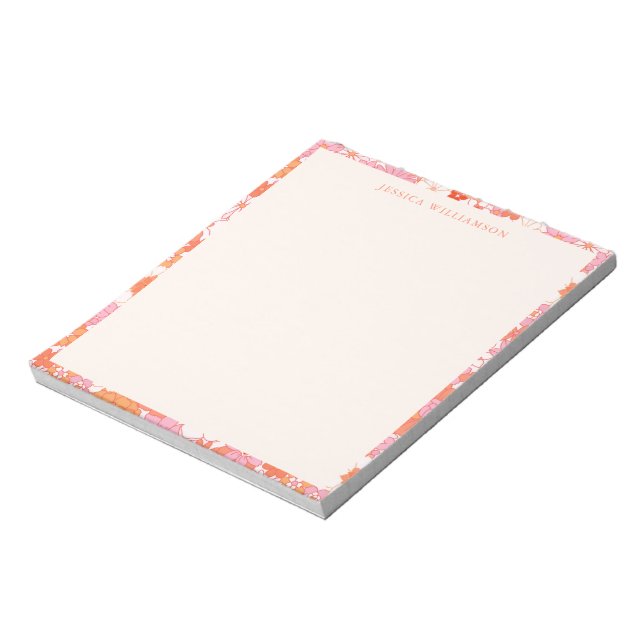 Bloc De Notas Retro Boho Naranja rosa Nombre floral personalizad (Lado Izquierdo)