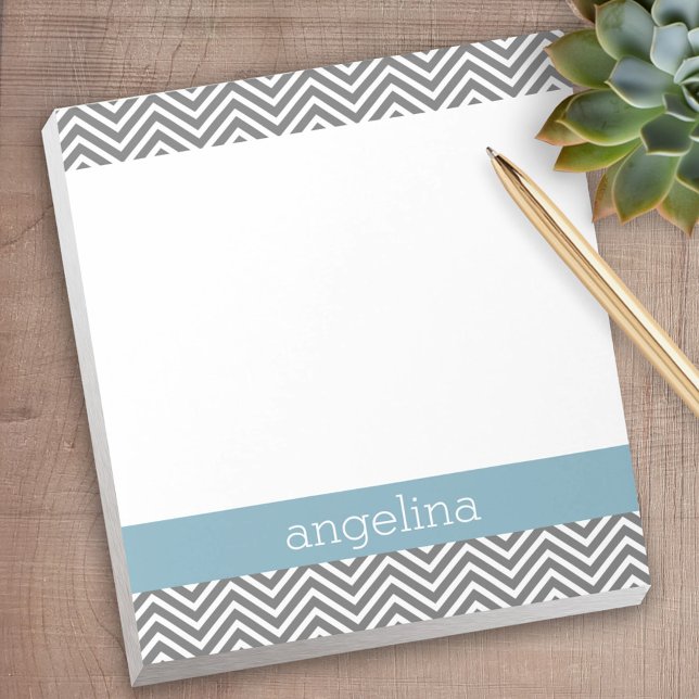 Bloc De Notas Robin Egg Blue and Grey Chevrons Custom Name (Personalized notepad - great for a gift or your home office)