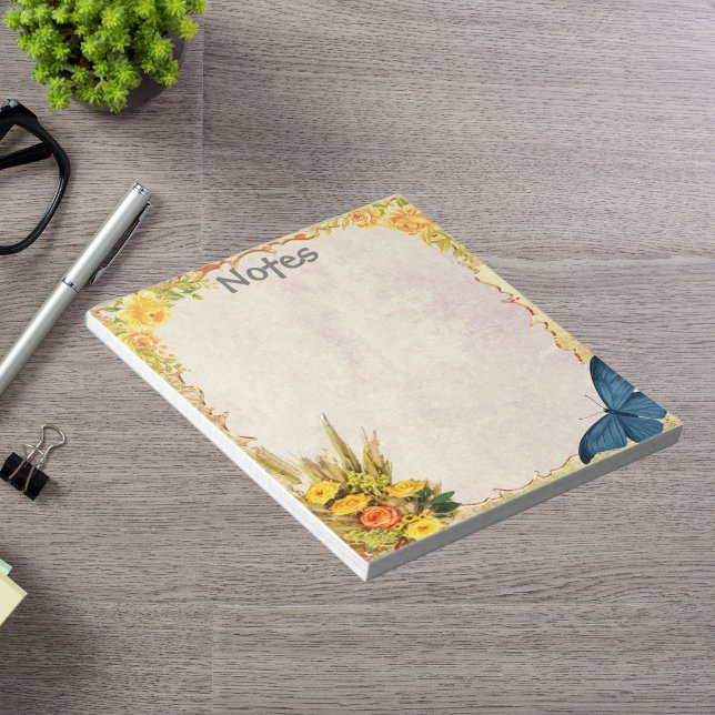 Bloc De Notas Rosa amarilla y mariposa azul pequeña personalizad (Yellow Rose and Blue Butterfly Small Personalized Notepad)