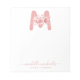Bloc De Notas Rosa de moda Gold Floral acuarela Monograma