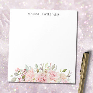 Bloc De Notas Rosa floral de acuarela con monograma rosa