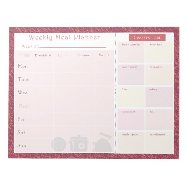 Bloc De Notas Rosa otoñal semanal de planner Meal Planner (Frente)
