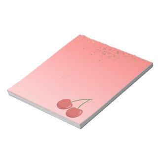 Bloc de notas rosa pastel con cerezas y purpurina