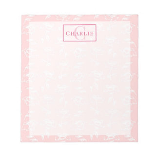 Bloc De Notas Rosa Polvo Flor Blanca, Monograma Personalizado Pe