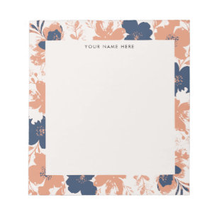 Bloc De Notas Rosa Polvorienta y Floral Azul con Nombre