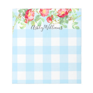 Bloc De Notas Rosa Roja Floral Azul Plaid Búfalo Monograma en le
