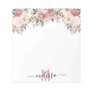 Bloc De Notas Rosa turbio acuarela Flor floral Monograma