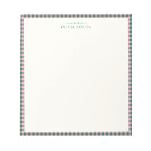 Bloc De Notas Rosa Verde Cuadro de Gingham Personalizado Nombre