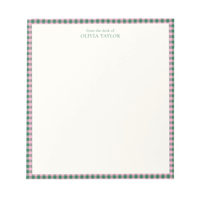 Bloc De Notas Rosa Verde Cuadro de Gingham Personalizado Nombre (Frente)