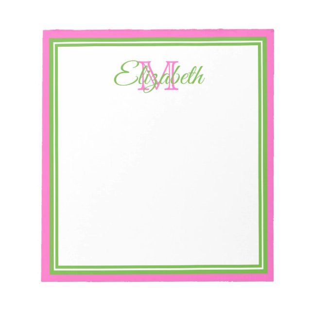 Bloc De Notas Rosa y Verde Monograma Elegante (Frente)