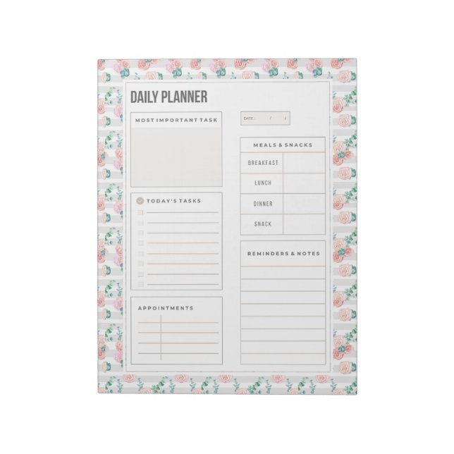 Bloc De Notas Rosas de acuarela Bouquet Daily Planner Pages (Lado Izquierdo)