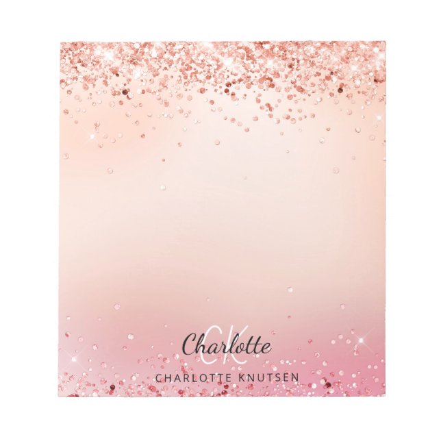 Bloc De Notas Rose gold blush pink glitter monogram (Frente)