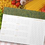 Bloc De Notas Rústico Green Linen Meal Planner and Grocerge List<br><div class="desc">Diseño sencillo y limpio para su lista semanal de comidas y compras o su organizador semanal general y lista de tareas. El diseño tiene un borde de sábanas rústicas de color verde con un bonito patrón de hojas de oro. Este bloc de notas tiene 40 páginas, cada una impresa con...</div>