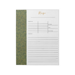 Bloc De Notas Rústico Linen Verde y receta de oro en blanco para