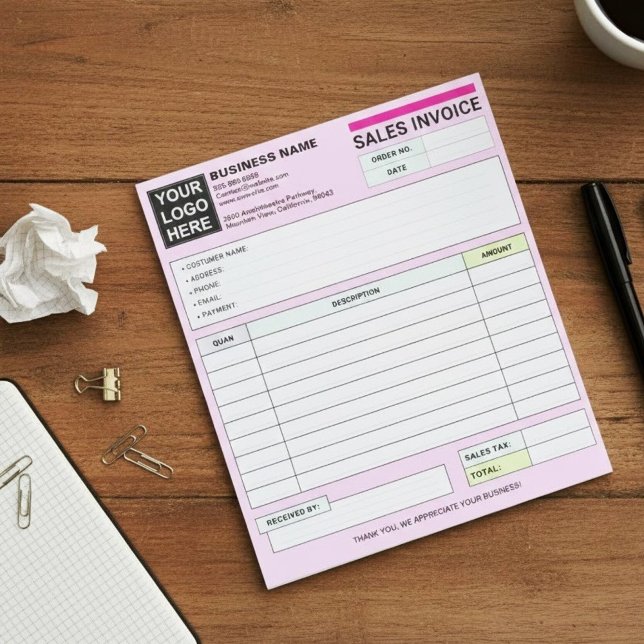 Bloc De Notas Sales Invoice Receipts | Pink Small Business Logo (seller receipt pad, customer purchase order book)