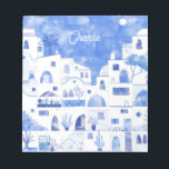 Bloc De Notas Santorini Watercolor Personalizado<br><div class="desc">Un cuadro acuático en tonos azul y blanco vivos de Oia,  en la hermosa isla griega de Santorini. Arte original de Nic Squirrell. Cambie o quite el nombre que desea personalizar.</div>