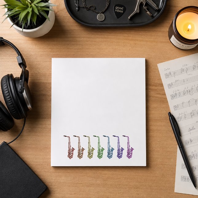 Bloc De Notas Saxofón Colorido Arcoíris (A note pad with alto saxophones done in red, orange, green, yellow, blue, pink & purple.)