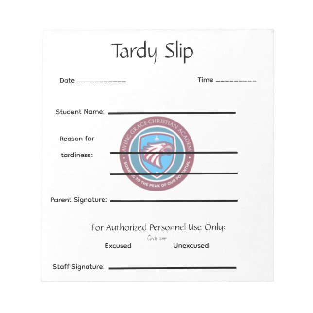 Bloc De Notas School Tardy Slip (Frente)