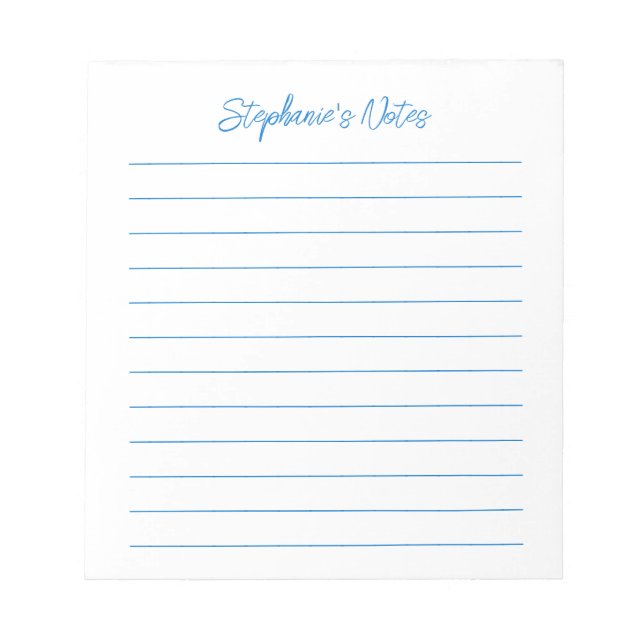 Bloc De Notas Script Elegante Azul Personalizado con Líneas (Frente)