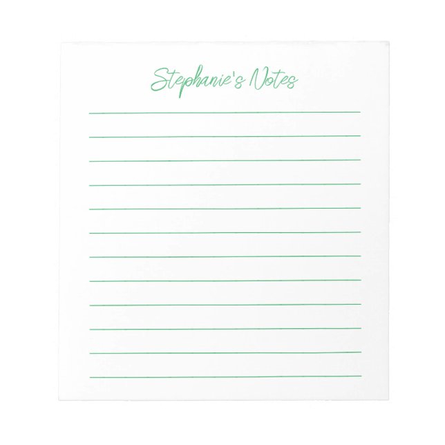 Bloc De Notas Script Elegante Personalizado con Renglones Verdes (Frente)